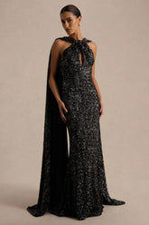 Renelle | Black Sequin Halter Neck Maxi Dress