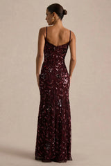 Gemini | Burgundy Floral Sequin Embellished Strappy Maxi Dress