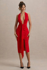 Auria | Red Satin Devore Plunge-Neck Midi Dress With Fringe Details