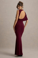 Rae | Burgundy Maxi Dress With One-Sleeve Cape