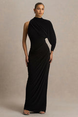 Aphra | Black High-Neck Maxi Dress With Cape-Sleeve