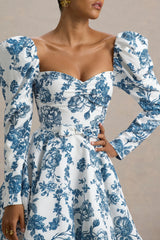 Peony | Blue Porcelain Print Sweetheart Mini Dress