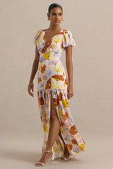 Ginny | Bright Floral Print Puff-Sleeve Split Maxi Dress