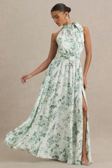 Talia | Green Floral Print High-Neck Maxi Dress With Front High Split