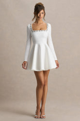Astonish | White Long-Sleeve Embellished Square-Neck Mini Dress With Volume Skirt