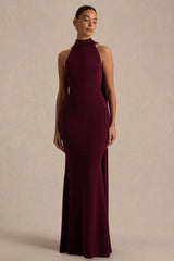 Cordy | Burgundy High-Neck Maxi Dress With Scarf-Detail
