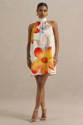 Evita | Orange Floral High-Neck Satin Mini Dress
