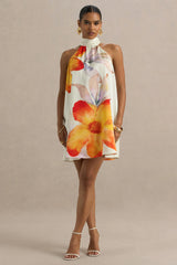 Evita | Orange Floral High-Neck Satin Mini Dress