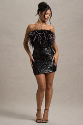 Starlit | Black Sequin Bardot Mini Dress With Feather Trim