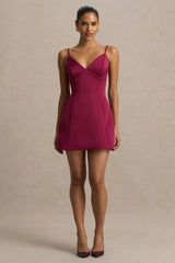 Elara | Burgundy Satin Plunge-Neck Mini Dress