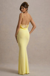 Francoise | Lemon Cowl Neck Backless Maxi Dress With Lace Insert