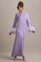 Adella | Lilac Satin Feather-Trim Maxi Dress