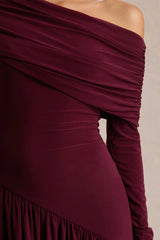 Farah | Burgundy Asymmetric-Neck Maxi Dress With Drop Waist And Ruched Detailing
