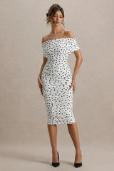 Rayleigh | Polka Dot Bardot Ruched Midi Dress