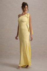 Here For Love | Pale Lemon Satin Asymmetric Maxi Dress With Bow