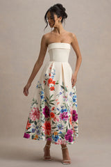 Annalise | Light Pink Floral Print Bandeau Skater Midi Dress