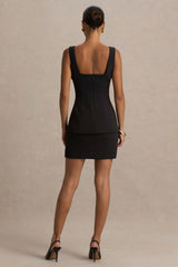 Angel | Black Plunge-Neck Tailored Mini Dress With Gold-Detailing
