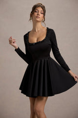 Wilder | Black Embellished Square-Neck Long-Sleeve Skater Mini Dress