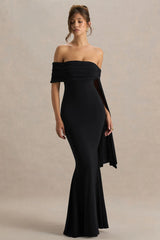Saffina | Black Bardot-Neck Maxi Dress With Sash Detail