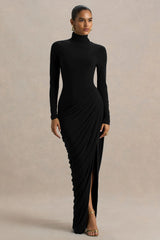 Betsy | Black High-Neck Maxi Dress With Front Split And Ruched Detailing