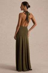 Mist | Olive Plunge-Neck Maxi Dress With Knot-Detail And Open-Back