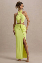 Aura | Lime Green Halter-Neck Cut-Out Split Maxi Dress