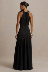 Jemima | Black Satin Halter-Neck Maxi Dress With Feather Trim