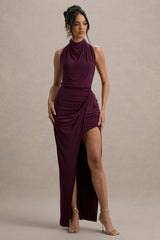 Hayden | Burgundy High-Neck Draped Split Maxi Dress