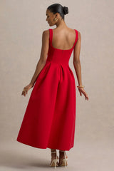 Rosemary | Red Sweetheart-Neck Midi Dress
