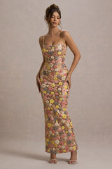 Vitora | Pastel Floral Print Embellished Sequin Square-Neck Maxi Dress