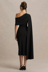 Leah | Black Asymmetric-Neck Midi Dress With Cape-Sleeve