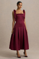 Alberta | Burgundy Satin Square-Neck Midi Dress With Bow Straps