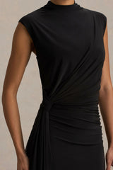 Solene | Black High-Neck Maxi Dress With Wrap And Drape Detail