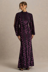 Janet | Black And Burgundy Devore High-Neck Maxi Dress With Cut-Out Details