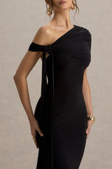 Praia | Black Asymmetric-Neck Maxi Dress With Sash and Draped Detailing