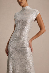 Cecy | Silver Sequin High-Neck Maxi Dress With Cap Sleeves