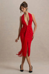 Auria | Red Satin Devore Plunge-Neck Midi Dress With Fringe Details