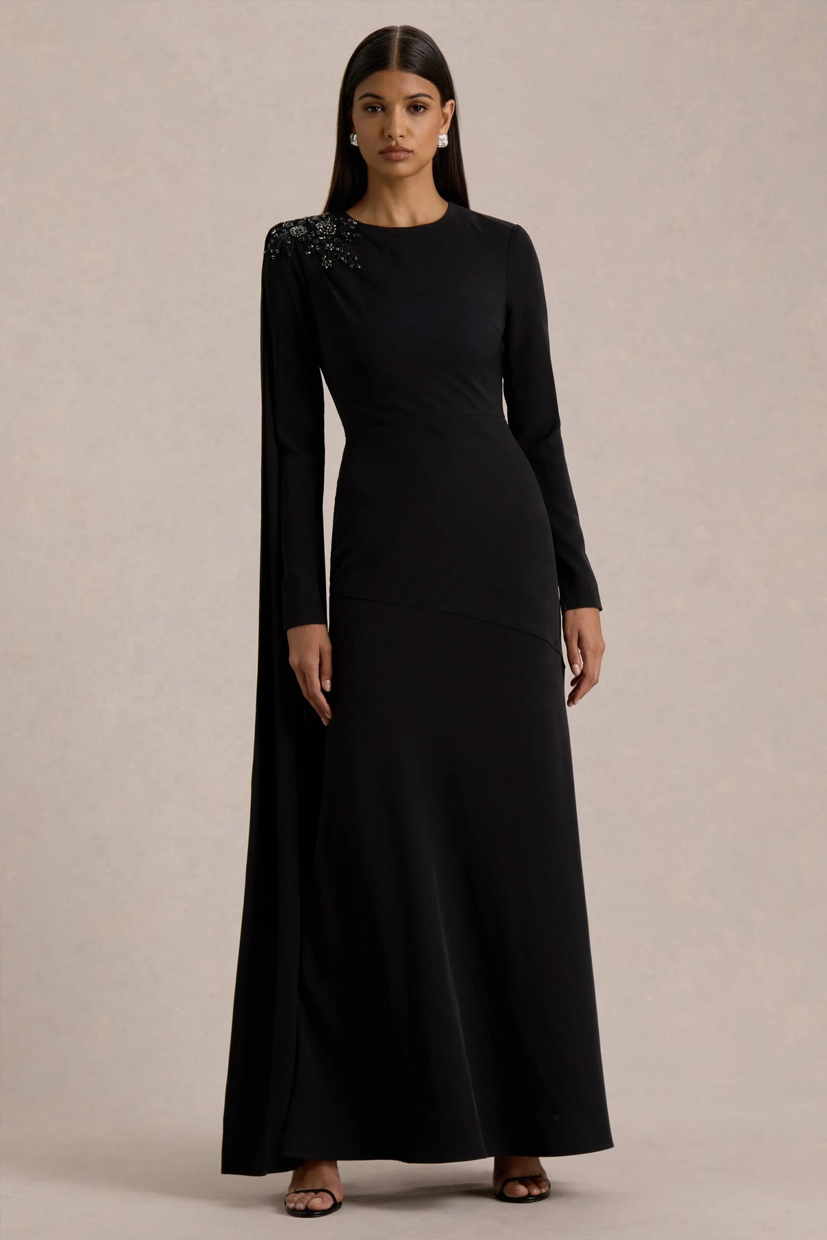 Reese | Black High-Neck Maxi Dress With Embellished Detail and Sash