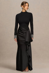 Starred | Black High-Neck Maxi Dress With Drop-Waist And Satin Wrap-Skirt