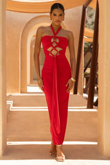 Erin | Red Halter-Neck Maxi Dress With Cut-Out Detail