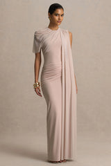 Brenda | Champagne Crew-Neck Maxi Dress With Mesh Cape And Sash