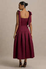 Alberta | Burgundy Satin Square-Neck Midi Dress With Bow Straps