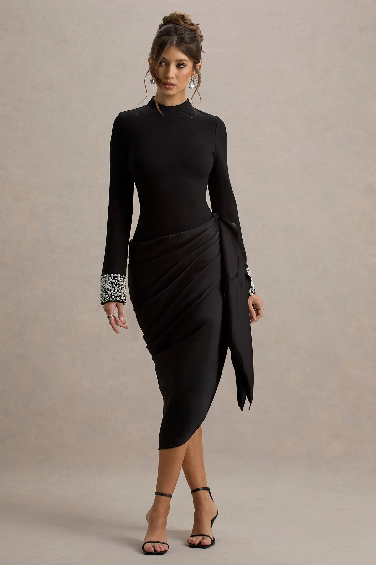 Luanna | Black Satin Long-Sleeve Midi Dress With Draped Skirt And Embellised Cuffs