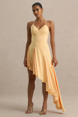 Glint | Peach Satin Plunge-Neck Maxi Dress With Asymmetric Hem