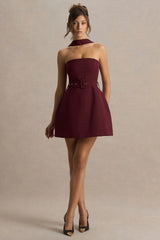 Timberly | Burgundy High-Neck Tailored Micro-Mini Dress