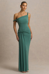 Tulisa | Green Asymmetric-Neck Maxi Dress With Twist Sleeves And Ruched Detailing