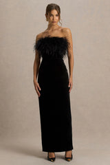 Arella | Black Velvet Bandeau Maxi Dress With Feather Trim