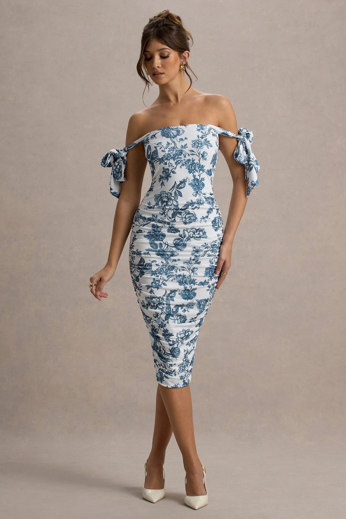 Citrus | Blue Porcelain Print Bardot Bodycon Midi Dress With Bow Sleeves