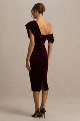 High End | Burgundy Velvet Asymmetric-Neck Midi Dress With Draped Detailing