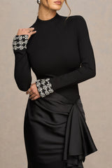 Starred | Black High-Neck Maxi Dress With Drop-Waist And Satin Wrap-Skirt